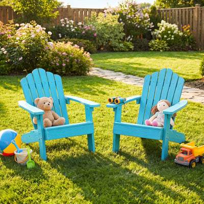 Set of 2 Kids Adirondack Chairs All-weather Outdoor Chairs for Children with Tilted High Backrest-Turquoise
