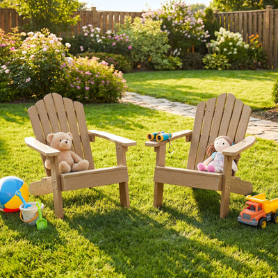 Set of 2 Kids Adirondack Chairs All-weather Outdoor Chairs for Children with Tilted High Backrest-Brown