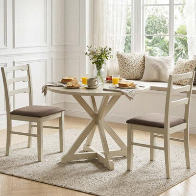 Set of 2 Linen Style Upholstered Dining Chairs with Wood Frames-White