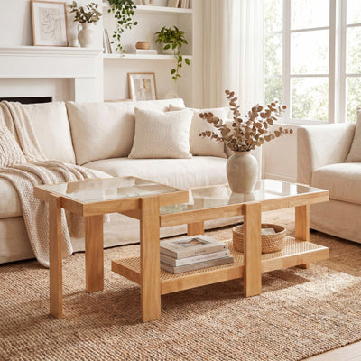 Set of 2 Nesting Coffee Table with Boho Rattan Accent Table-Natural