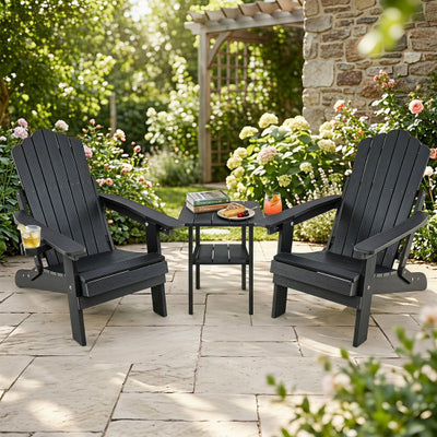 Set of 2 Outdoor Folding Adirondack Chair with Cup Holder and 5-Level Backrest-Black