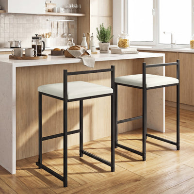 Set of 2 Stackable Counter Height Bar Stools PU Leather Upholstered with Footrest-Black