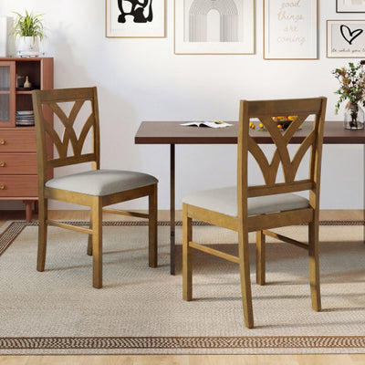 Set of 2 Wooden Dining Chairs Upholstered with Hollowed Backrest and Soft Padded Seat-Oak