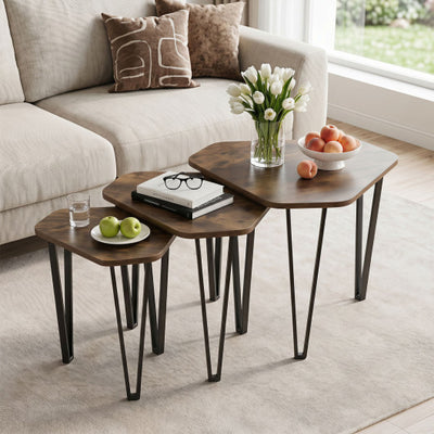 Set of 3 Nesting Coffee Tables with Engineered Wood Top and Metal Frame for Living Room-Rustic Brown