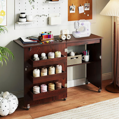 Sewing Machine Table with Charging Station and Lockable Casters-Brown