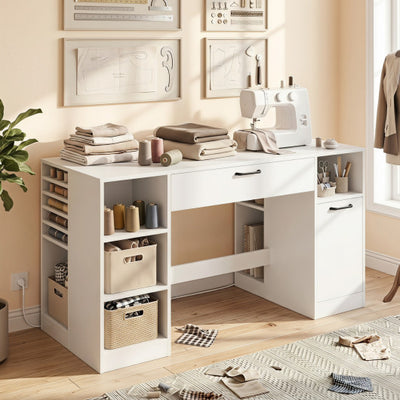 Sewing Table with Power Outlets Craft Station Desk with 2 Drawers Open Compartments-White