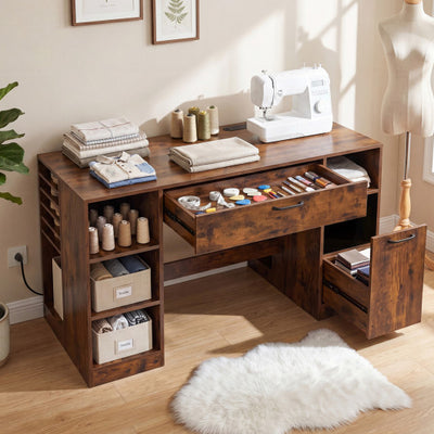 Sewing Table with Power Outlets Craft Station Desk with 2 Drawers Open Compartments-Rustic Brown