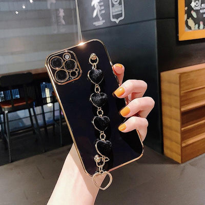 Luxury Women Silicone Phone Case Cover With Wrist Chain Bracelet for iPhone Wristband Bracelet Hand Holder Cover for iPhone 13 12 11 Pro Max plating Case Heart Chain Cases for iPhone 7 8 Plus XR XS Max X