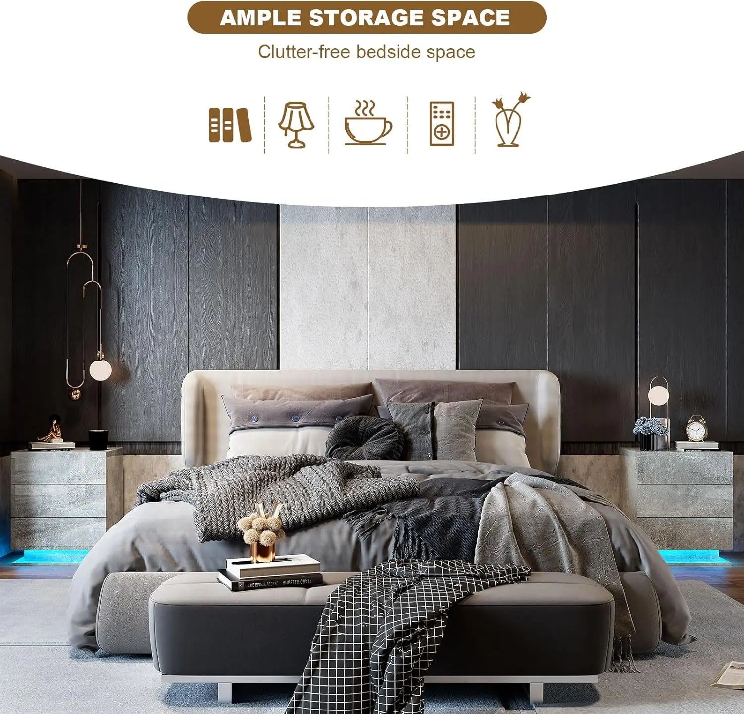 Nightstand Set of 2 LED Nightstand with 3 Drawers,Modern High Gloss Bedside Table