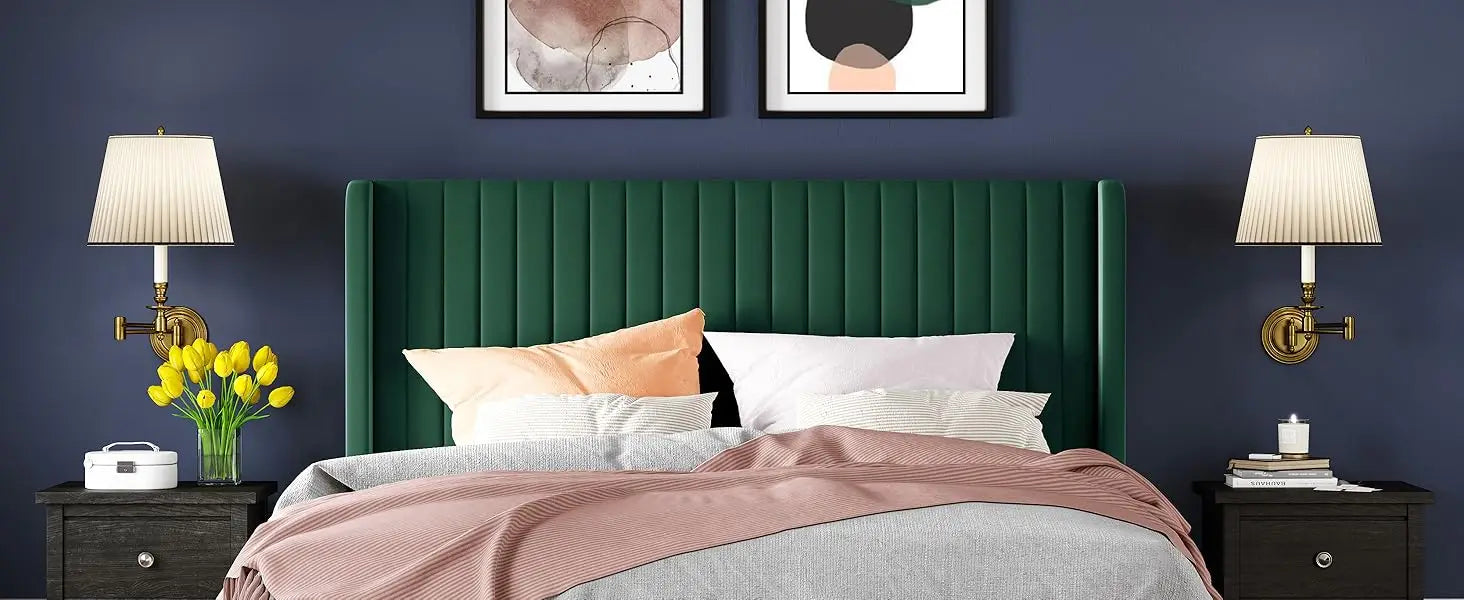 Full Size Velvet Bed Frame/Vertical Channel Tufted Wingback Headboard/Upholstered Platform Bed/Strong Wooden Slats/No Bo