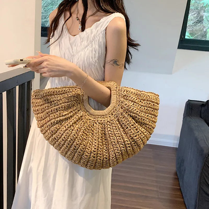 Half Moon Design Basket Beach Straw Bag