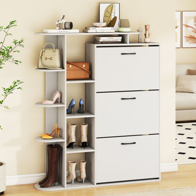 Shoe Cabinet with Open Shelves Modern Shoe Organizer with 3 Flip Drawers-White