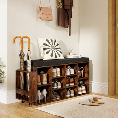 Shoe Storage Bench with Umbrella Stand 10-Cubby Entryway Shoe Rack Organizer-Rustic Brown