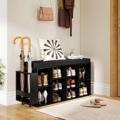 Shoe Storage Bench with Umbrella Stand 10-Cubby Entryway Shoe Rack Organizer-Black