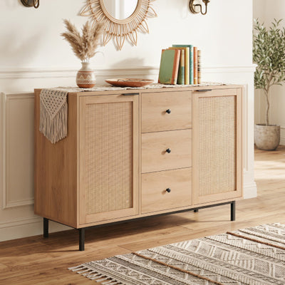 Sideboard Buffet Cabinet Rustic Farmhouse Coffee Bar Table with 2 Rattan Doors and 3 Drawers-Natural