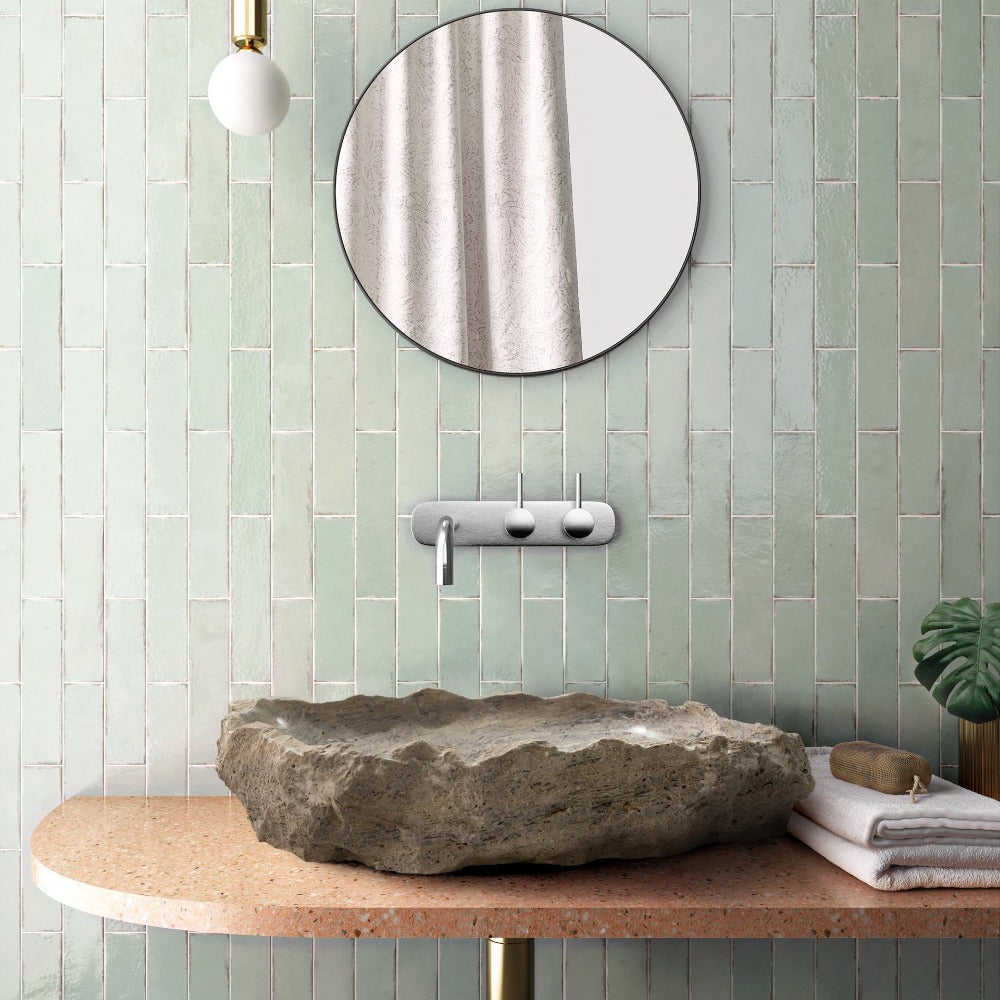 Silver Travertine Rustic Natural Stone Vessel Sink Polished Interior Hand Chiseled Exterior (W)16