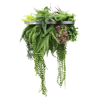 Artificial Hanging Plant Chandelier – Tropical Foliage Circular Ring (23.5in) Silver Frame – UV Resistant