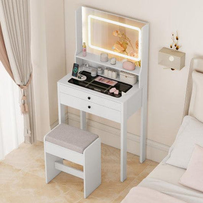 Small Vanity Desk with Mirror and Lights for Bedroom-White