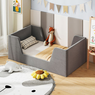 Soft Velvet Fabric Toddler Bed Frame with Safety Rails-Gray