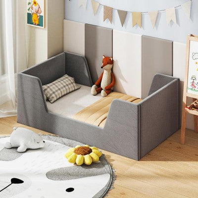 Soft Velvet Fabric Toddler Bed Frame with Safety Rails-Gray