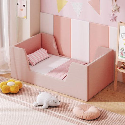 Soft Velvet Fabric Toddler Bed Frame with Safety Rails-Pink
