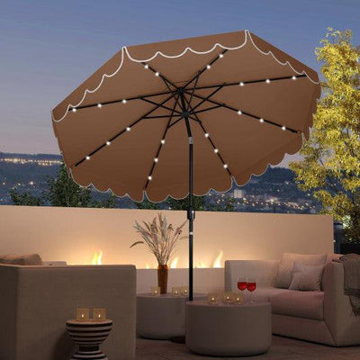 9.3 Feet Solar Patio Umbrella with 24 LED Lights Vented Top and Ruffles-Coffee