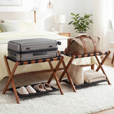 Solid Rubberwood Folding Luggage Rack with Nylon Shelves Set of 2-Brown