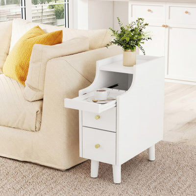 Solid Wood Night Side Table Narrow Bedside Table Nightstand with Pull-out Tray and 2 Storage Drawers-White