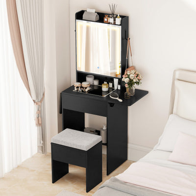 Space-saving Vanity Desk with Mirror and Lights for Bedroom-Black