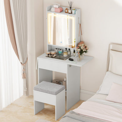 Space-saving Vanity Desk with Mirror and Lights for Bedroom-White