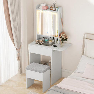 Space-saving Vanity Desk with Mirror and Lights for Bedroom-White