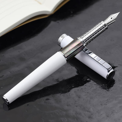 Xezo Speedmaster® White Brass Fountain Pen (Extra Fine Nib) - With Tahitian Black Mother of Pearl