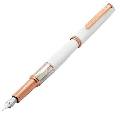 Xezo Speedmaster® White Brass Fountain Pen (Extra Fine Nib) - With White Mother of Pearl & Rose Gold