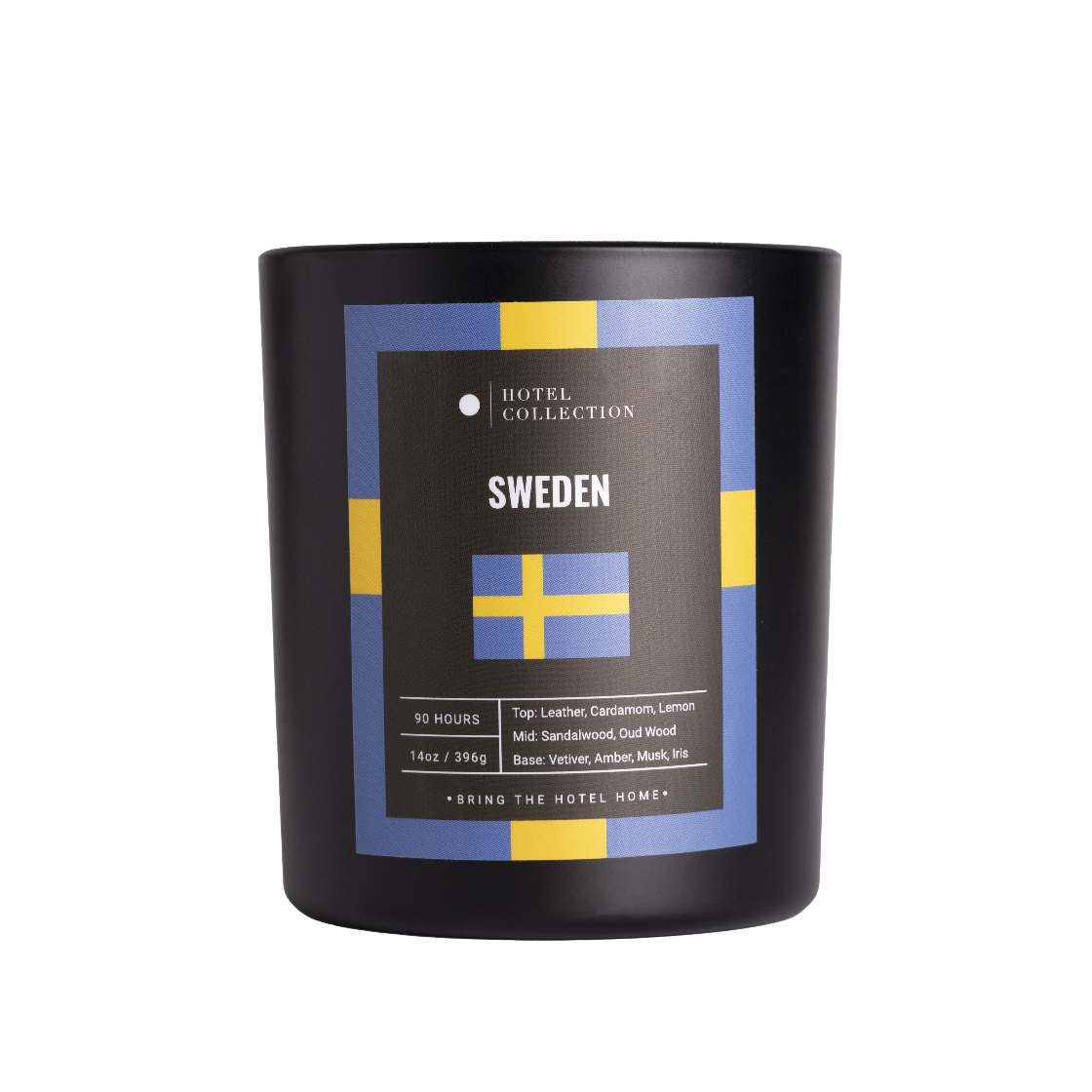 Black candle with 'Sweden' label and Swedish flag design on a white background