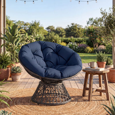 Swivel Papasan Chair Round Wicker Lounge Chair with Thick Cushion-Navy
