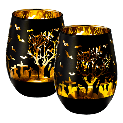 Crystal Halloween Stemless Wine Glass - Set of 2 - Themed Vibrant Black & Gold Etched Spooky Graveyard Pattern Frosted Glass, Perfect for Themed Gothic Parties Trick Or Treat Gift For Him Her (16 OZ)