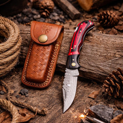 Damascus Steel – Trailing Point Folding Pocket Knife – Red & Black Pakkawood Handle – Brass Hardware & Leather Sheath – Hunting, Camping & EDC - TF-077