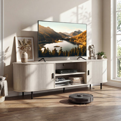 TV Stand for 80 Inch TVs Mid Century Modern Entertainment Center with Fluted Sliding Doors-Natural