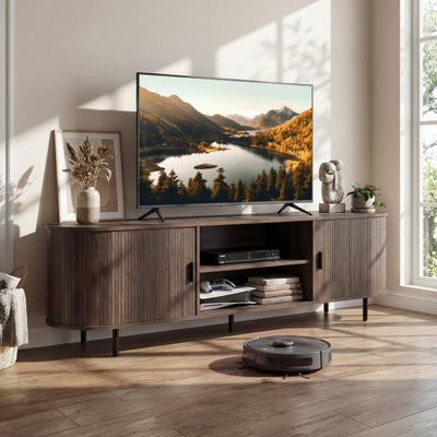 TV Stand for 80 Inch TVs Mid Century Modern Entertainment Center with Fluted Sliding Doors-Walnut