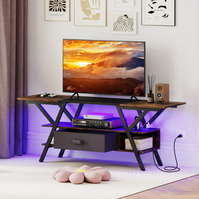 TV Stand for 65 Inch TVs with Power Outlets and LED Lights-Rustic Brown