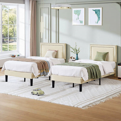 Twin Size - Set of 2 - Dorm Style Beige Tufted Upholstered Platform Beds