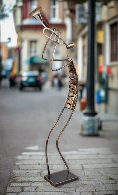 Playing Trumpet Musician Brush Bronze Color Metal Sculpture