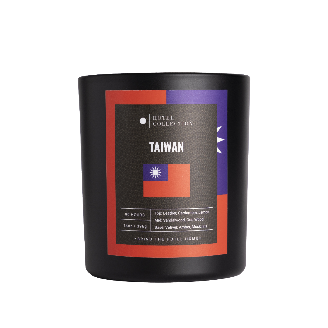 Black candle with Taiwan label and flag design on a white background