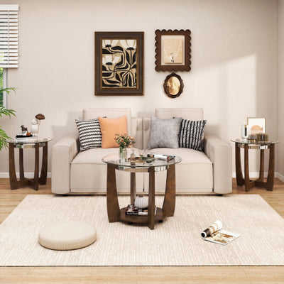 Tempered Glass Coffee Table Set of 3 for Living Room Bedroom-Walnut