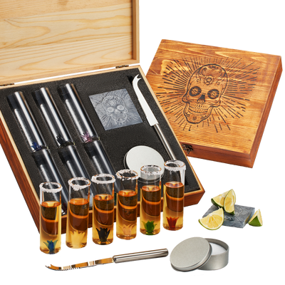 Tequila Shot Glass & Salt Gift Set for Men & Women | Six Agave Shot Glasses, Knife For Limes, One Skull Coaster, One Salt Tin | Skeleton Mahogany Wood Box Package For Tequila, Liquor Lovers