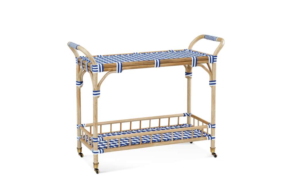The Ventana Bar Cart - Rattan bar cart with blue and white checkered accents on a white background