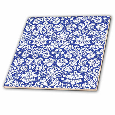 3dRose InspirationzStore Damask patterns - Royal blue and white damask pattern - stylish elegant Victorian vintage French floral swirls - navy - Tiles (ct_151455)