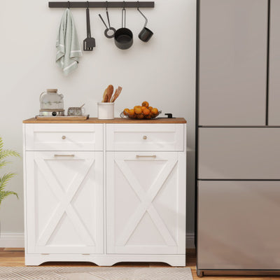 Tilt Out Trash Can Cabinet with Outlets and Adjustable Shelf-White
