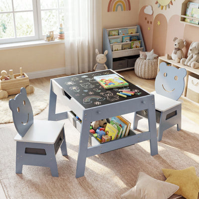 Toddler Table and 2 Chairs 5-in-1 Cute Art Desk Set with Reversible Chalkboard Whiteboard-Grey