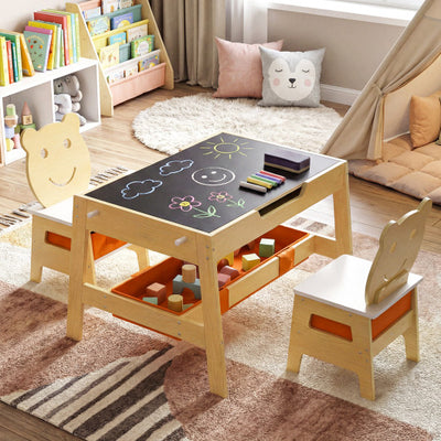 Toddler Table and 2 Chairs 5-in-1 Cute Art Desk Set with Reversible Chalkboard Whiteboard-Natural